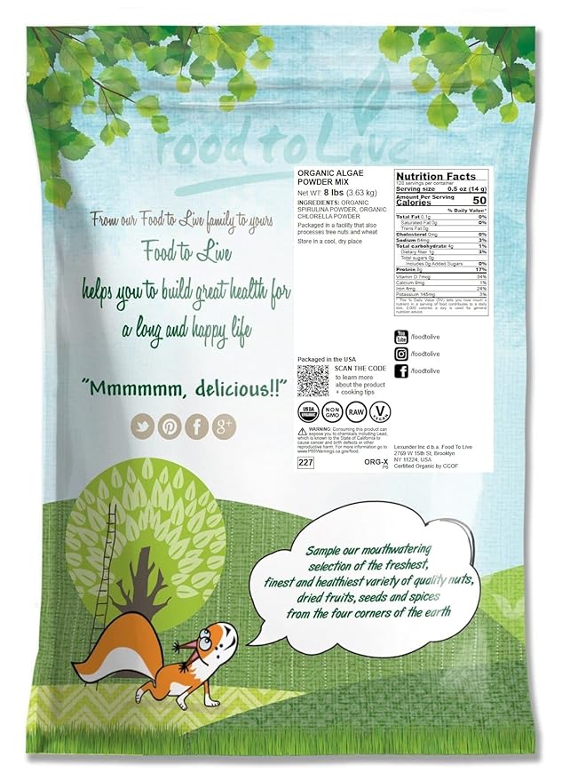 Food to Live Organic Algae Powder Mix, 8 Pounds – Spirulina and Chlorella 50/50 Blend, Non-GMO, Rich in Chlorophyll, Raw, Pure, Vegan Superfood, Bulk, Great for Smoothies, Good Source of Protein