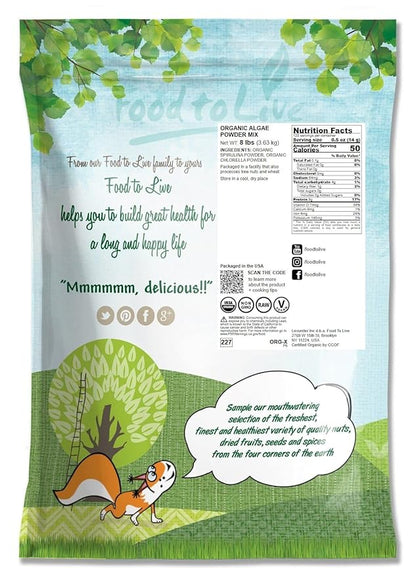 Food to Live Organic Algae Powder Mix, 8 Pounds – Spirulina and Chlorella 50/50 Blend, Non-GMO, Rich in Chlorophyll, Raw, Pure, Vegan Superfood, Bulk, Great for Smoothies, Good Source of Protein