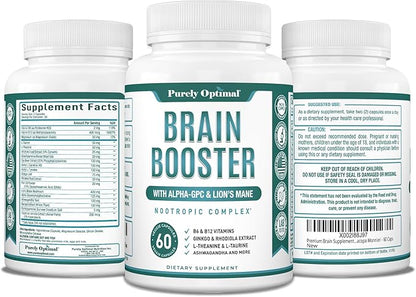Purely Optimal Brain Supplement for Memory and Focus - Nootropic Support with Lion’s Mane, Alpha-GPC, Ginko Biloba, & Bacopa Monnieri - 60 Capsules