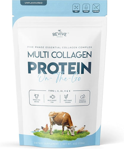 Revive Naturals Multi Collagen Hydrolyzed Powder Bag (4oz) - Types I, II, III, V & X - Grass Fed Bovine, Free Roaming Chicken & Eggshell Collagen Peptides, Non-GMO, GF.