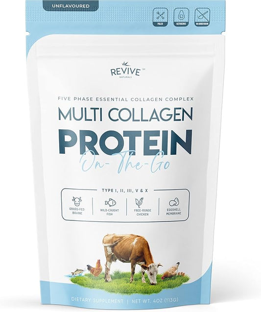 Revive Naturals Multi Collagen Hydrolyzed Powder Bag (4oz) - Types I, II, III, V & X - Grass Fed Bovine, Free Roaming Chicken & Eggshell Collagen Peptides, Non-GMO, GF.