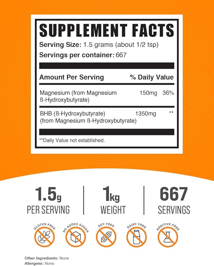 BulkSupplements.com Magnesium BHB Powder - BHB Salts, Beta-HydroxyButyrate Powder - Unflavored & Gluten Free, 1.5g per Serving, 1kg (2.2 lbs) (Pack of 1)