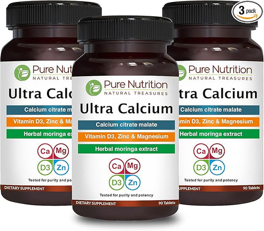 Pure Nutrition Ultra Calcium 1000mg with VIT D3 + K2 | 270 Tabs (90 X Pack of 3) | Highly absorbable Calcium Supplement with Calcium Citrate Malate, VIT D3, K2, Moringa Oleifera, Magnesium and Zinc.