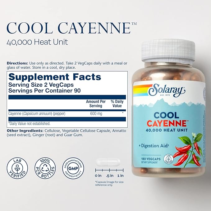 SOLARAY Cool Cayenne Pepper 40,000 HU, Cayenne Pepper Capsules, Digestion Aid, Bio-Cool Process, Lab Verified, 60-Day Money-Back Guarantee, 90 Servings, 180 VegCaps