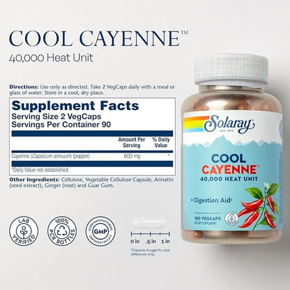 SOLARAY Cool Cayenne Pepper 40,000 HU, Cayenne Pepper Capsules, Digestion Aid, Bio-Cool Process, Lab Verified, 60-Day Money-Back Guarantee, 90 Servings, 180 VegCaps