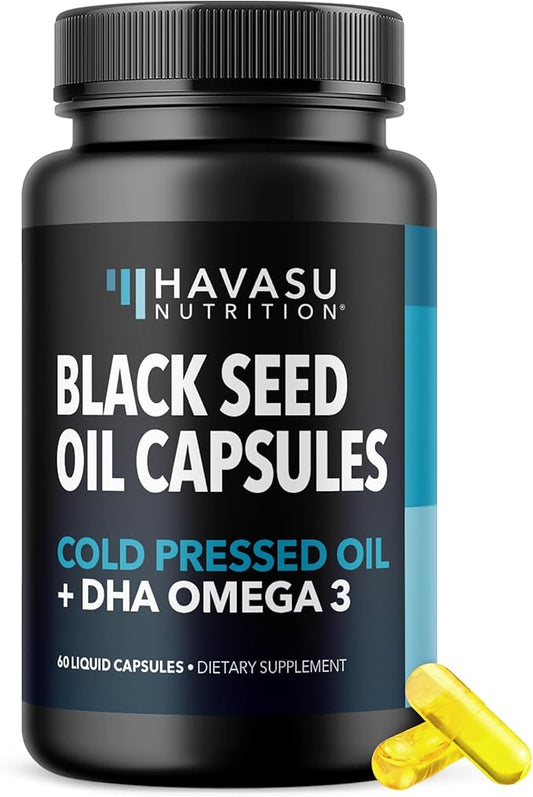 Black Seed Oil with DHA Supplement for Brain Health and Cognition - Cold Pressed Black Cumin Seed Oil and DHA Omega 3-60 Liquid Capsules, Unflavored, Vegan, Non-GMO, and Gluten-Free - 1 Month Supply