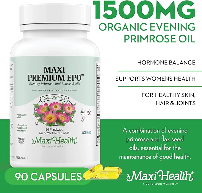 Maxi Health Women's Organic Evening Primrose Oil Capsules 1500mg - EPO Gamma Linolenic Acid Supplement - PMS & Hot Flashes Menopause Relief - GLA Hormonal Acne Supplements (90 Count)