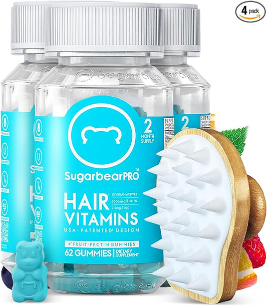 Sugarbear Bamboo Scalp Massager & Scrubber + Vegan Hair Vitamin Gummies 6 Month Supply, Extra Strength Biotin 6000mcg for Relaxing Scalp Care & Supporting Healthy Hair