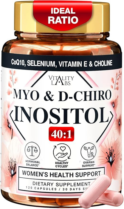 Myo-inositol & D-chiro Inositol Supplement for Women - Ideal 40:1 Ratio Complex for Fertility, Hormonal Balance, Menstrual Cycle & Ovarian Health Support with CoQ10, Choline & Selenium - 120 Capsules