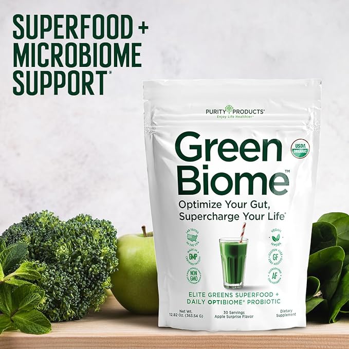 Green Biome - Elite Organic Greens Superfood + Daily OptiBiome Probiotic - Optimized to Promote Bloating Relief, Digestive Comfort + Regularity, Energy - Vegan. Gluten Free -Apple Flavor - 30 Servings