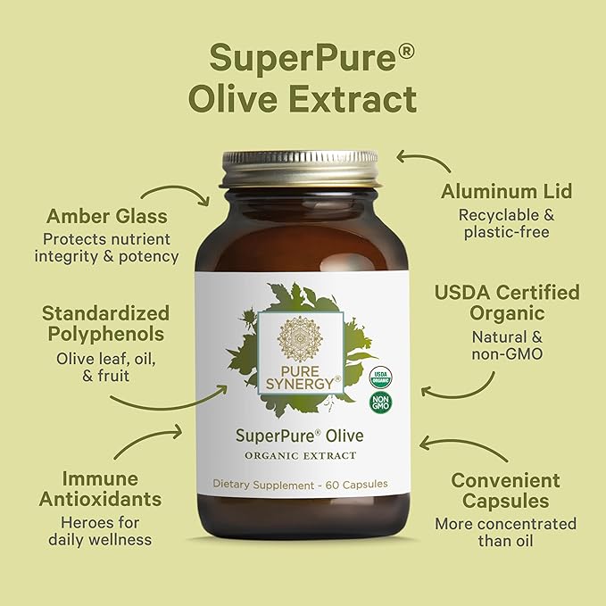 PURE SYNERGY SuperPure Olive Extract | Organic Olive Leaf, Oil, and Fruit Supplement with Polyphenols | for Heart, Brain, and Immune Health (60 Capsules)