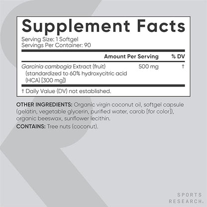 Sports Research Garcinia Cambogia Extract (60% HCA) with Extra Virgin Organic Coconut Oil | Non-GMO, Soy & Gluten Free (90 Liquid Softgels)