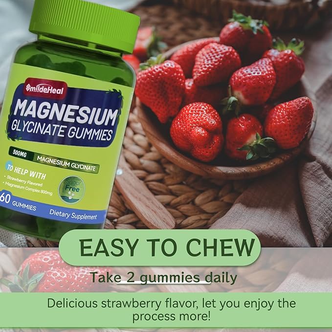 Magnesium Glycinate Gummies 500mg with L-Threonine 300mg - Sugar-Free Magnesium Potassium Supplement with Vitamin D, B6, CoQ10 - Strawberry Flavored - 120 Gummies