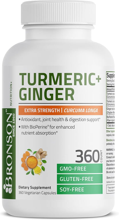 Bronson Turmeric + Ginger Extra Strength Joint Health & Digestion Support with BioPerine, Non-GMO, 360 Vegetarian Capsules
