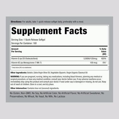 Piping Rock Vitamin K2 D3 Supplement | 100 mcg | 180 Softgels | Complex with MK7 | Non-GMO, Gluten Free