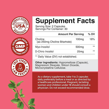 Myo-Inositol & D-Chiro Inositol Supplement for Women - Choline Supplement to Regulate Menstrual Cycle, Fertility & Hormonal Balance - Womens Hormone Balance Capsules with Myo & D-Chiro - 60 Caps