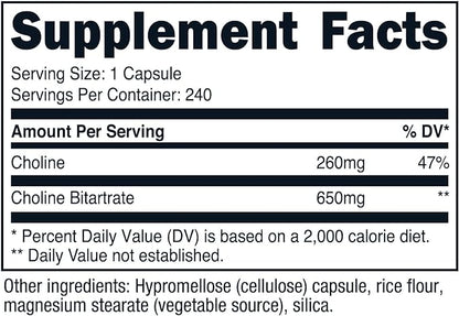 Nutricost Choline Bitartrate 650mg, 240 Vegetarian Capsules - Non-GMO, Vegetarian Friendly, Gluten Free