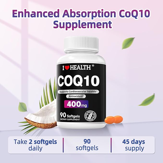 I LOVE HEALTH® CoQ10 400mg, 90 Vegetarian Softgels - High Absorption, Vegetarian, Coenzyme Q10 | Support Heart Health, Energy & Cellular Function | Soy-Based | Third Party Tested | Made in USA