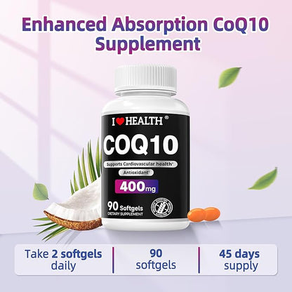 I LOVE HEALTH® CoQ10 400mg, 90 Vegetarian Softgels - High Absorption, Vegetarian, Coenzyme Q10 | Support Heart Health, Energy & Cellular Function | Soy-Based | Third Party Tested | Made in USA