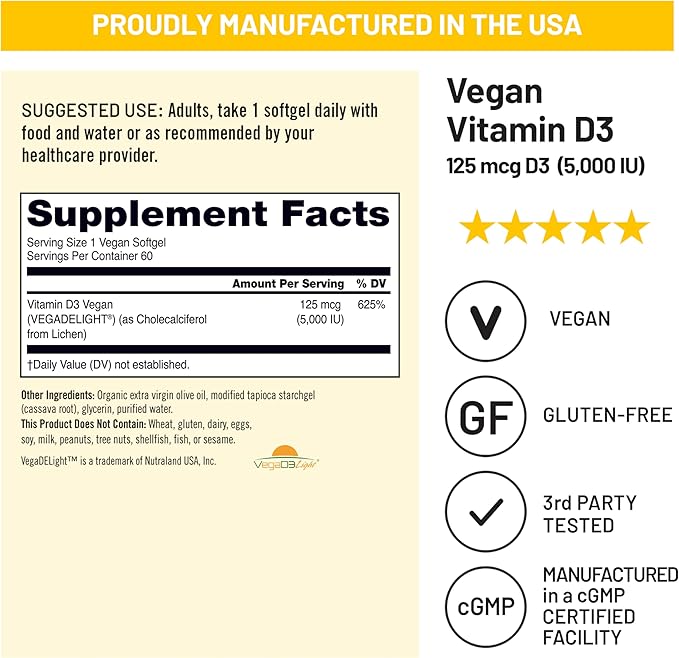 NatureWise Vegan Vitamin D3 5000iu (125 mcg) Organic D3 from Lichen - Supports Immune, Muscle, Bone Health - High Absorption with Organic Cold-Pressed Olive Oil - Non-GMO - 60 Softgels[2-Month Supply]