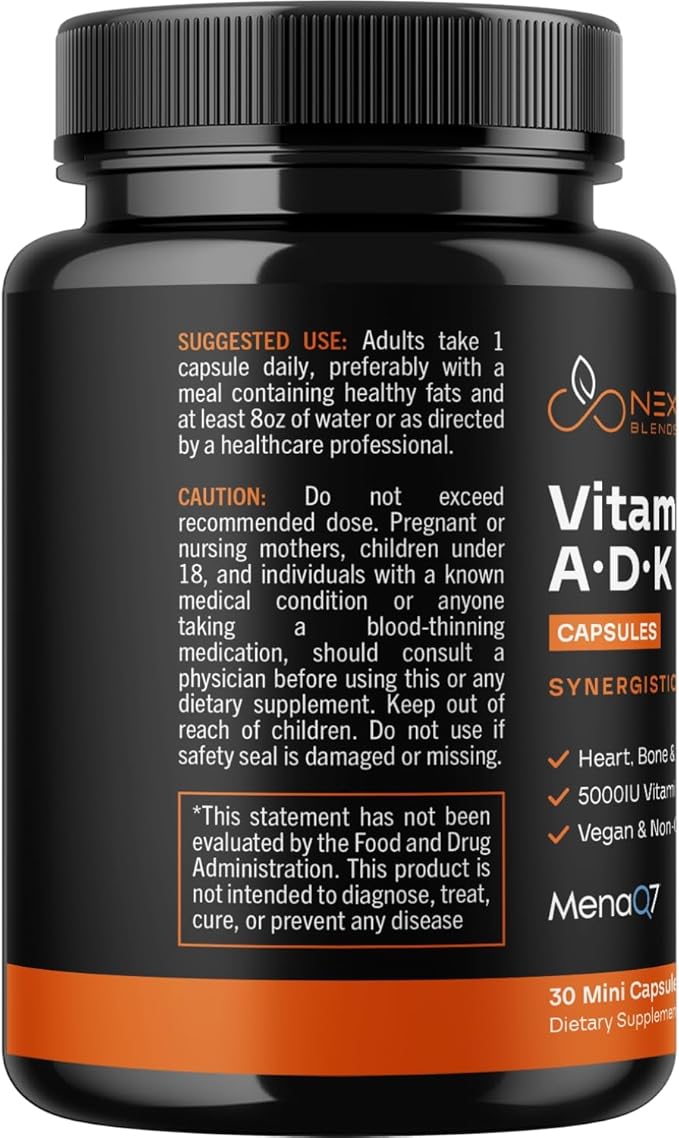 High Absorption ADK Vitamin Supplement - Vegan Vitamin D3 K2 MK7 & A for Calcium Regulation plus Bone Heart Thyroid & Immune Support - Vitamin ADK with 5000IU D3 Non GMO & Gluten Free (1 Months)