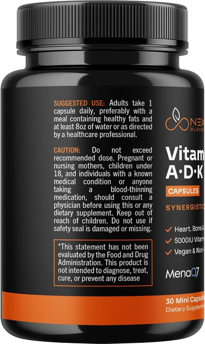 High Absorption ADK Vitamin Supplement - Vegan Vitamin D3 K2 MK7 & A for Calcium Regulation plus Bone Heart Thyroid & Immune Support - Vitamin ADK with 5000IU D3 Non GMO & Gluten Free (1 Months)