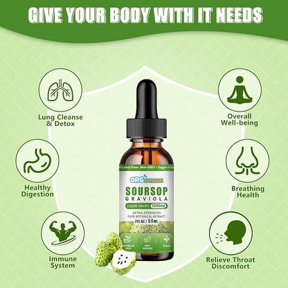 Soursop Graviola Liquid Drops - Soursop Leaf Fruit Sea Moss Extract for Cell Support & Regeneration, Immunity, Liver, Sleep & Antioxidant - Soursop Bitters Liquid, Herbal Goodness, 2 Fl Oz