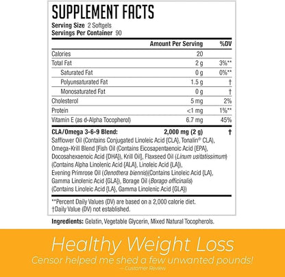 Censor NDS Nutrition Fat Loss and Body Toner with CLA, Fish Oil, Safflower and Omega 3-6-9 Blend - Dietary Supplement for Improved Energy and Health (90 Softgels)