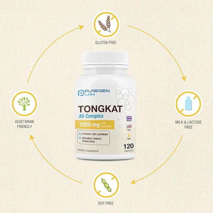 Puregen Labs Tongkat Ali Extract 200 to 1 for Men, 1020mg per Serving, [High Potency] Total 240 Capsules - Men's Health Support with 20mg Tribulus Terrestris | Non-GMO, Gluten Free, Made in USA