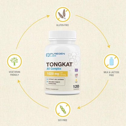 Puregen Labs Tongkat Ali Extract 200 to 1 for Men, 1020mg per Serving, [High Potency] Total 240 Capsules - Men's Health Support with 20mg Tribulus Terrestris | Non-GMO, Gluten Free, Made in USA