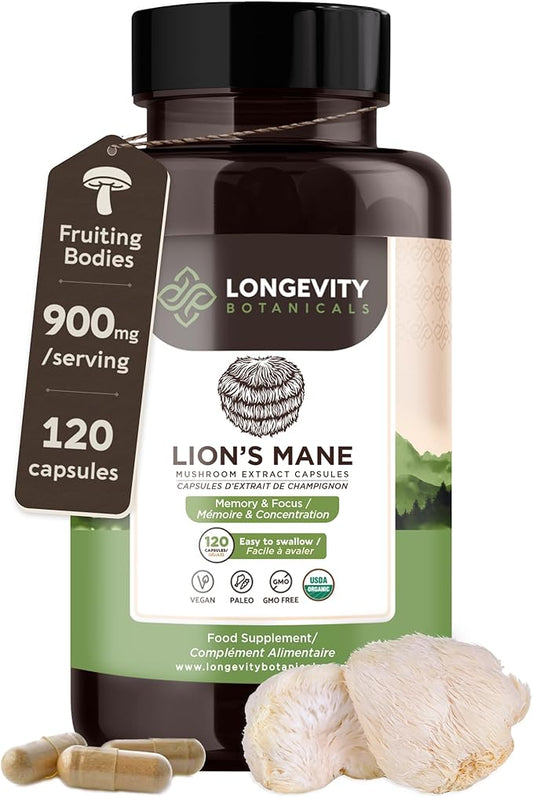 Longevity Botanicals Organic Lion’s Mane Mushroom Extract Capsules (120) | Concentrated 8:1 Ratio | 100% Fruiting Bodies | Hericium Erinaceus Nootropic Supplement for Focus, Memory & Brain Support