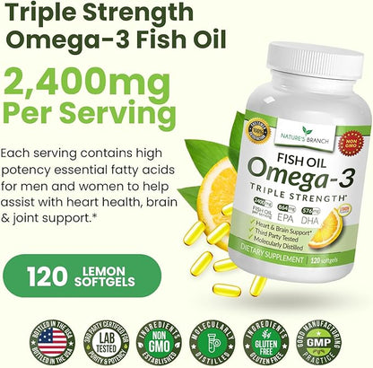 Best Triple Strength Omega 3 Fish Oil Pills 2400mg | 120 Capsules | Burpless High Potency Lemon Flavor | 864mg EPA 576mg DHA Ultra Pure Liquid Softgels | Brain Joints Eyes Hair Heart Health Supplement