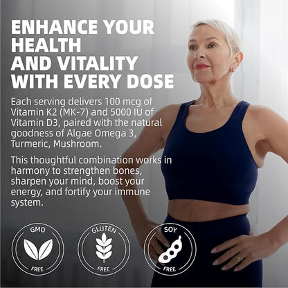 Vitamin D3 5000iu(125mcg) + Vitamin K2(MK7) Gummies with Algae Omega 3 | Maximum Strength Vitamin D3+K2 | for Bone, Teeth, Energy, Immune, Calcium Absorption - Vegan, Sugar Free,120Ct