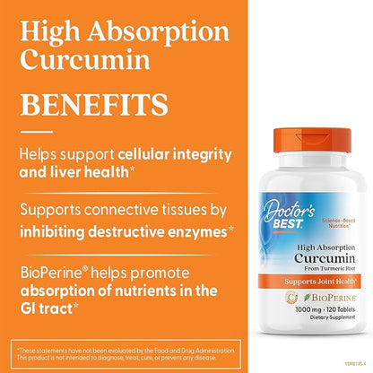 Doctor's Best Curcumin From Turmeric Root with C3 Complex & BioPerine, Benefit the Joints by Helping to Neutralize Free Radicals, Non-GMO, Gluten Free, Soy Free, Joint Support, 1000 mg, 120 Tablets