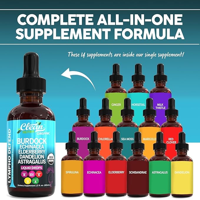 Organic Lymphatic Drainage Drops Supplement with Burdock Root Echinacea Elderberry Dandelion Astragalus Milk Thistle Sea Moss Red Clover Lymphatic Cleanse Immune Support Marigold Drop By Clean Nutra-5