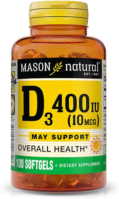 MASON NATURAL Vitamin D3 10 mcg (400 IU) - Supports Overall Health, Strengthens Bones and Muscles, 100 Softgels