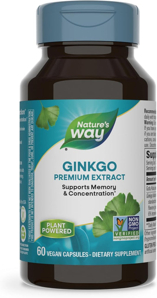 Nature's Way Ginkgo Premium Extract, Supports Memory & Concentration*, 120 mg Ginkgo Biloba Extract per 2-Capsule Serving, with Gotu Kola, Vegan, No Gluten, 60 Capsules (Packaging May Vary)