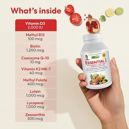 ANDREW LESSMAN Essential-1 Multivitamin 2000 IU Vitamin D3 30 Small Capsules - 100 mcg Methyl B12. CoQ10 Lutein Lycopene Zeaxanthin. High Potency. No Additives. Ultra-Mild. One Daily Capsule