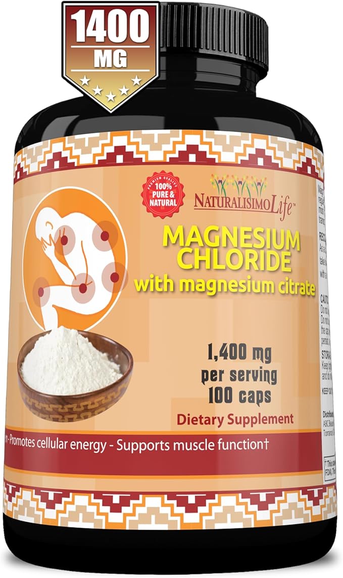 Magnesium Chloride (Cloruro de Magnesio) 1,400 per Serving 100 Capsules high Absorption with Magnesium Citrate