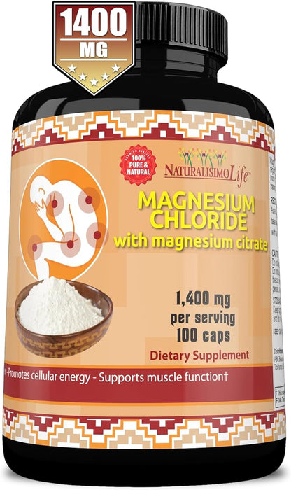 Magnesium Chloride (Cloruro de Magnesio) 1,400 per Serving 100 Capsules high Absorption with Magnesium Citrate