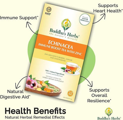 Buddha's Herbs Organic Echinacea Herbal Tea Supplement, Immune Support Supplement with Zinc, Turmeric, Ginger & Lemongrass (2 Pack, 44 Tea Bags)