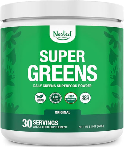 Super Greens Daily Greens Superfood Powder - Certified USDA Organic Green Powder w/20+ Whole Foods, Spirulina Powder, Wheat & Barley Grass - Probiotics, Fiber & Enzymes - Original Flavour, 30 Servings