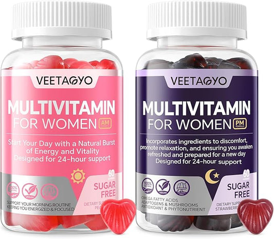 Multivitamin for Women AM & PM - Melatonin Free with w/Algae Calcium,Omega-3,Vitamin D3K2,Magnesium for Energy & Relaxation,Rest,Skin,Hair Support - Sugar Free, 24-Hour Support, Vegan,120 Count