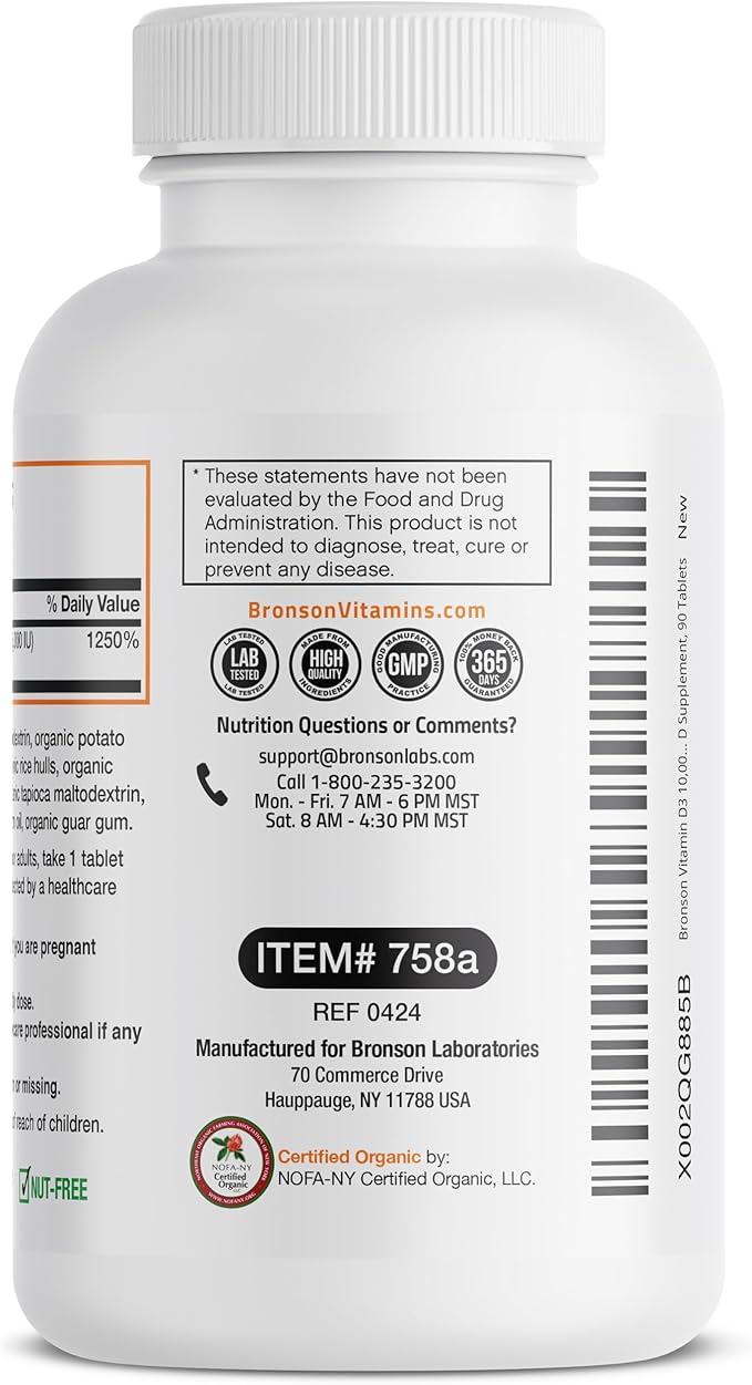 Bronson Vitamin D3 10,000 IU for Immune Support, Healthy Muscle Function & Bone Health, High Potency Organic Non-GMO Vitamin D Supplement, 90 Tablets