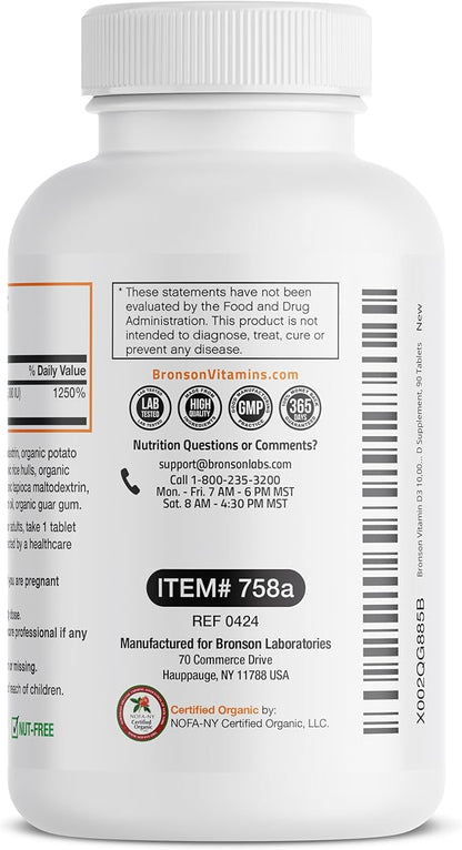 Bronson Vitamin D3 10,000 IU for Immune Support, Healthy Muscle Function & Bone Health, High Potency Organic Non-GMO Vitamin D Supplement, 90 Tablets
