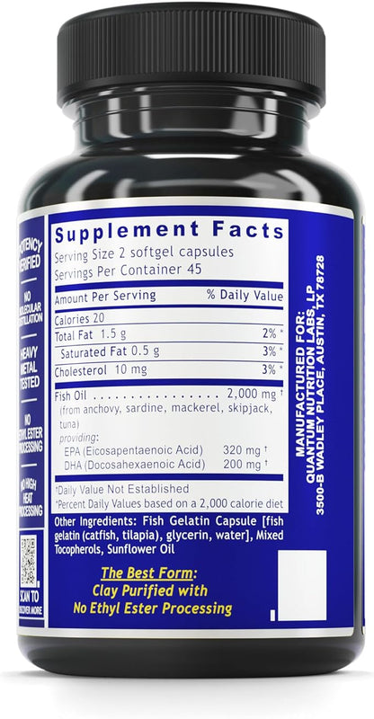 Quantum Nutrition Labs EPA DHA Fish Oil Softgels - Omega 3 Fish Oil, Omega 3 Supplement, EPA DHA, Omega 3 Fatty Acids Supplements for Women & Men, Natural - 90 Softgel Capsules