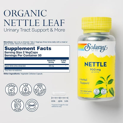 SOLARAY Nettle 900 mg - Organic Nettle Leaf Supplement - Kidney, Urinary, and Prostate Support - Traditional Use for Allergy Response and Respiratory Wellness - Vegan - 50 Servings, 100 VegCaps