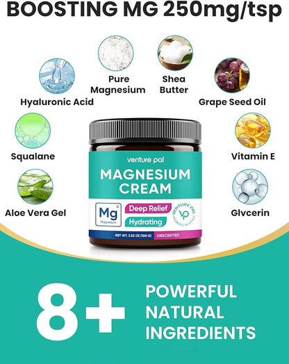 Venture Pal Magnesium Lotion, Topical Magnesium Cream for Sleep, Leg Cramps & Pain, Muscle Relaxation, Calm, Moisturizing Supplement with Coconut Oil, Shea Butter & Hyaluronic Acid, Safe for Kids
