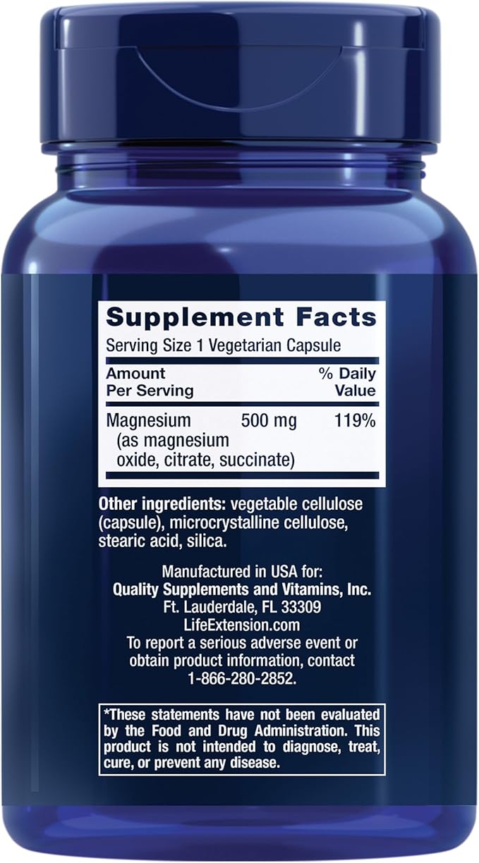 Life Extension Magnesium Caps, 500 mg, Magnesium Oxide, Citrate, Succinate, Heart Health, Healthy Bones, Metabolism Support, 100 Vegetarian Capsules (Pack of 2)