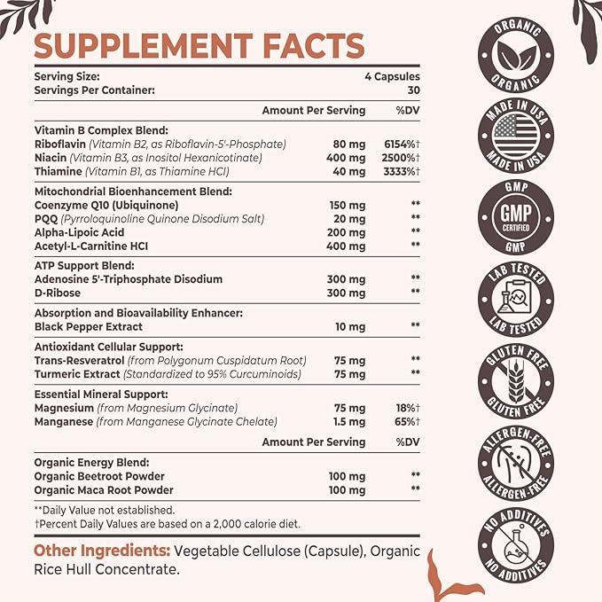 2326 MG Mitochondrial Supplements with ATP, Vitamins, CoQ10 & PQQ, More Effective Than Creatine HMB & Nitric Oxide, Energy, Endurance, Strength, Recovery & Muscle, Organic, 240 Capsules